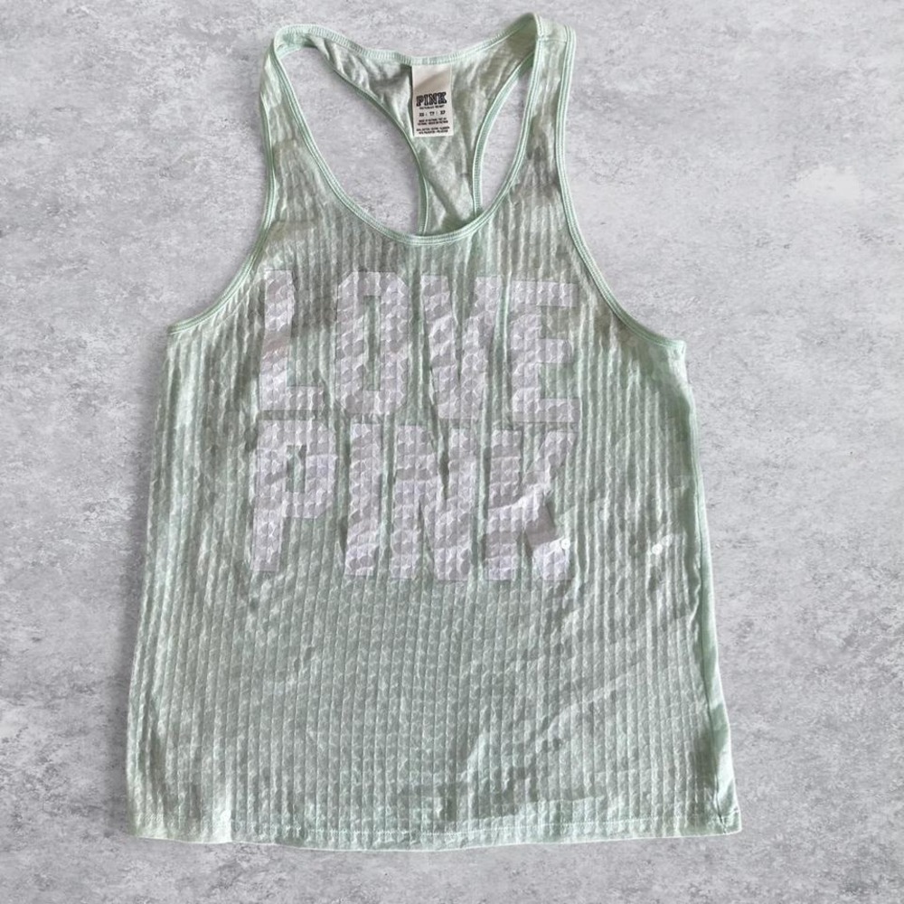 Victoria's Secret PINK‎ Mint Green Sequin Love Pink Racerback Tank Top XS